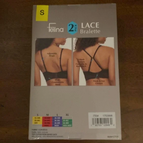 Brand new Felina Ladies Lace Bralette, 2 pack, black, white, - Picture 3 of 3